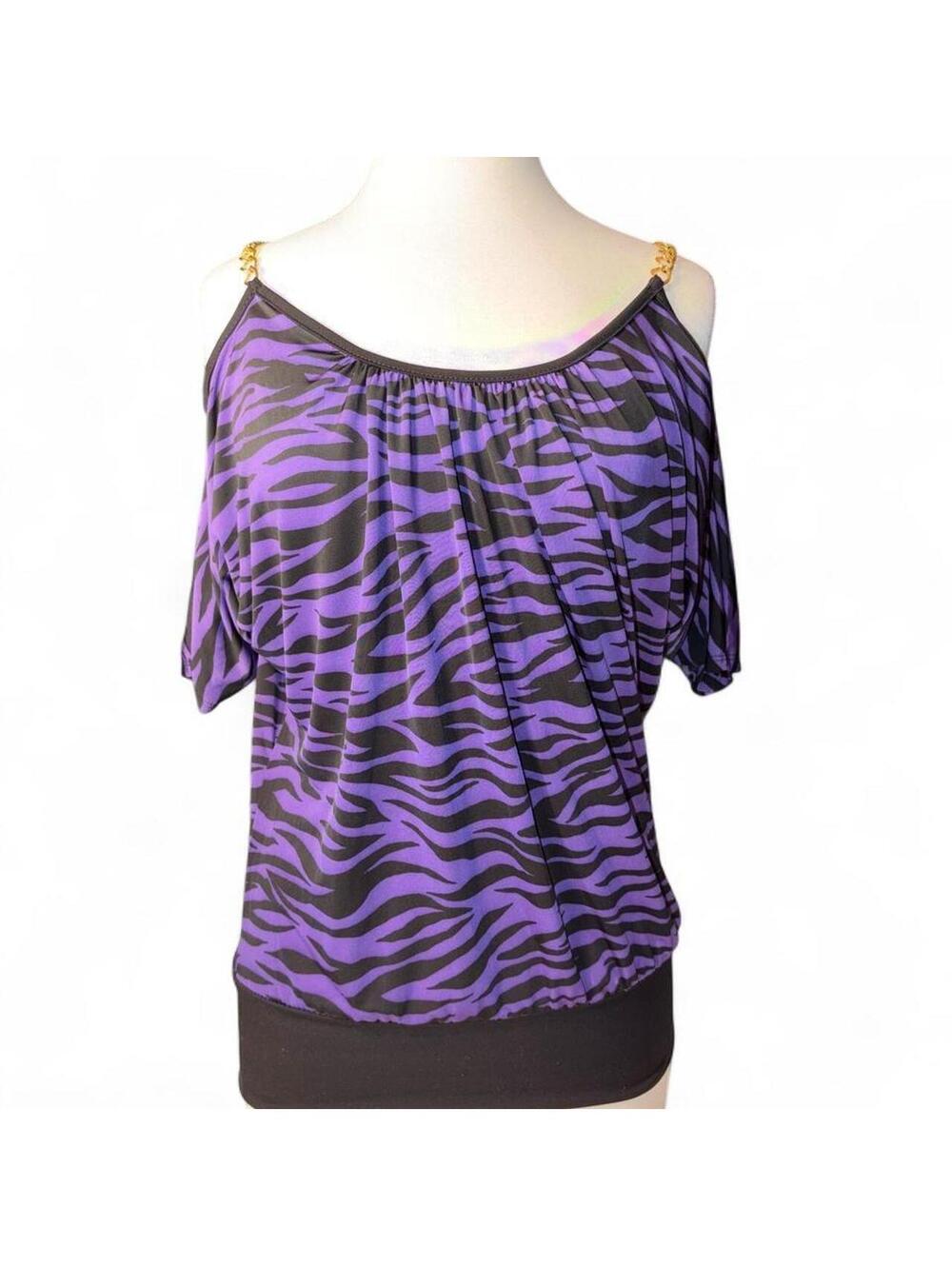 Vintage Y2K Voice Purple Zebra Print Cold Shoulder Top with Gold Chains - Size M